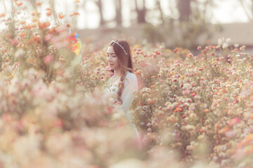 Beautiful bride wedding bouquet outdoors in a forest.