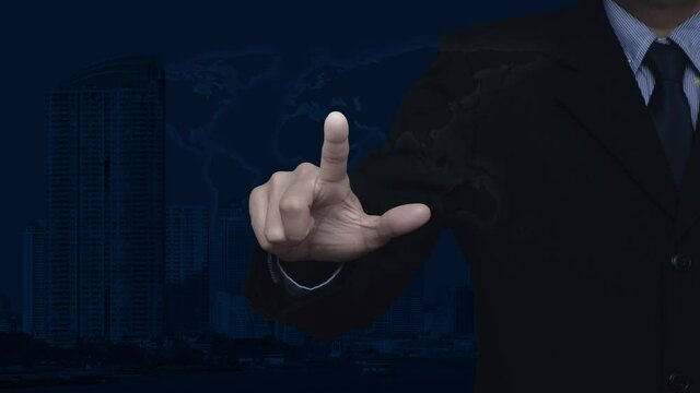 Businessman pressing cctv camera flat icon over world map, modern city tower and skyscraper, Business security and safety online concept, Elements of this image furnished by NASA