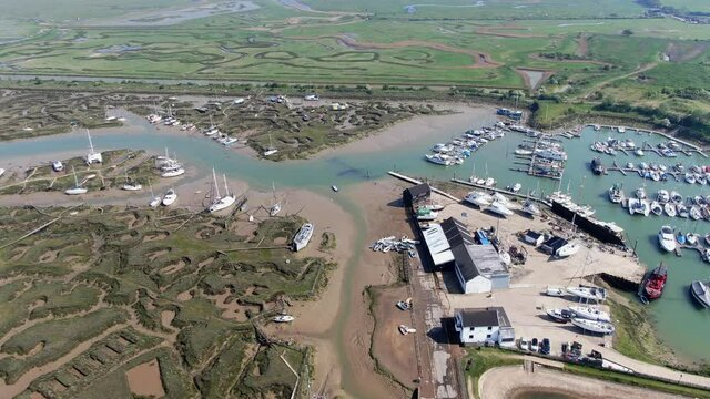 Tollesbury Essex UK boats moored  Aerial Footage 4K