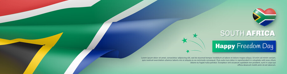 South Africa Happy Freedom Day. Horizontal festival banner, poster, flyer, card, background with waving national flag celebrated on 27 April realistic vector illustration