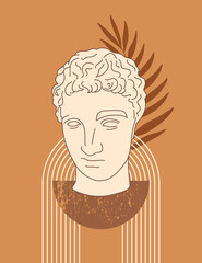 Abstract Boho Illustration with Antique Sculpture of Hermes in a Minimal Liner Trendy Style. Vector Contemporary Background in Neutral colors for posters, t-shirts print, Cover, Social Media Stories