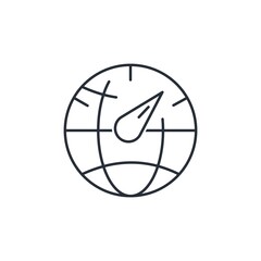 Tachometer arrow on the globe. Acceleration of global processes. Vector linear icon isolated on white background.