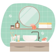 Fototapeta na wymiar Bathroom interior design. Modern sink table, mirror and bath towels flat vector illustration. Empty bath room.