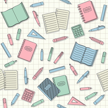Colorful school supplies and office stationary stickers and patches on a notebook sheet in a cell. Vector seamless pattern for banner, poster, office supply store, website wallpaper and wrapping paper