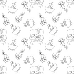 Seamless pattern with a pet and its owner. The girl feeds her beloved cat, bathes, reads a book to him. Drawn by hand with a liner.