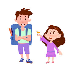 Boy and girl flat characters - brother and sister communication.