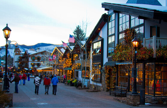 Vail, Colorado. Town in winter time with Christmas lights.