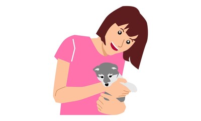 Cute girl hugs a dog. Vector flat illustration