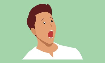 Young man face, wow facial expression, flat vector illustration solated on white background. Boy emoji surprised, amazed, wow face expression