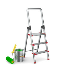roller brush, can with colour and stepladder on white background. Isolated 3D illustration