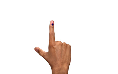 male Indian Voter Hand with voting sign or ink pointing vote for India on white background with copy space election commission of India