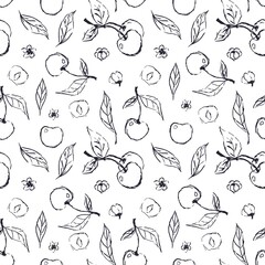 Hand draw cherry seamless pattern background wallpaper. Cute seamless pattern with cherries. Vector seamless pattern with cherry berries. Cherry line background.