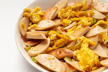 Sauteed ham sausage with egg, a typical northeast Chinese farmhouse dish