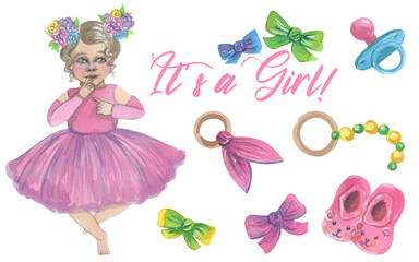 Handpainting watercolor illustration. Cute kids acessories and baby girl.