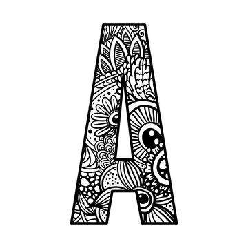 Zentangle letter A monogram font. Vector ornamental and decorative template illustration for printing on postcards, t-shirts, bags, cups, clothing, Wallpaper, posters, coloring books, interior paintin