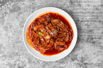 Top view Kimchi Stir Fried with Pork Belly, Korean Food.