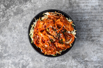 Korean food, stir-fried pork with gochujang sauce on Rice.