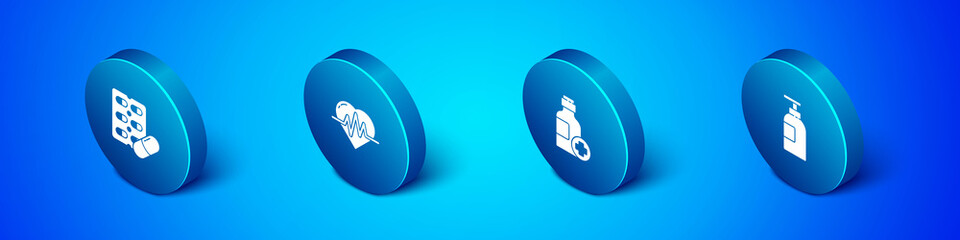 Set Isometric Pills in blister pack, Bottle of medicine syrup, Hand sanitizer bottle and Heart rate icon. Vector.