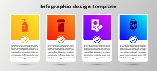 Set Hand sanitizer bottle, Medicine, Medical prescription and IV bag. Business infographic template. Vector.