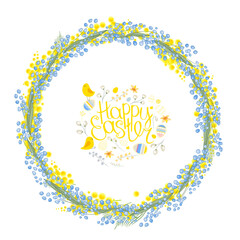 Floral wreath with blue muscari and yellow mimosa. Illustration can be used for festive and Easter templates.