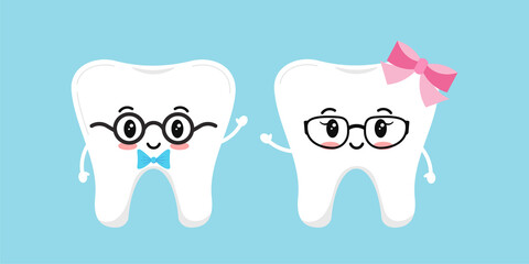 Fototapeta premium Cute tooth dentistry character girl and boy in glasses with bow. Vector illustration happy healthy kawaii character. Flat design cartoon style stylish tooth concept of children's dentistry education. 
