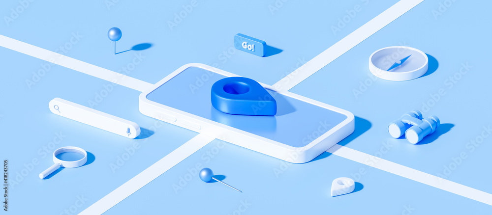 Poster isometric of map and location pin or navigation icon sign on blue background with search concept. 3d
