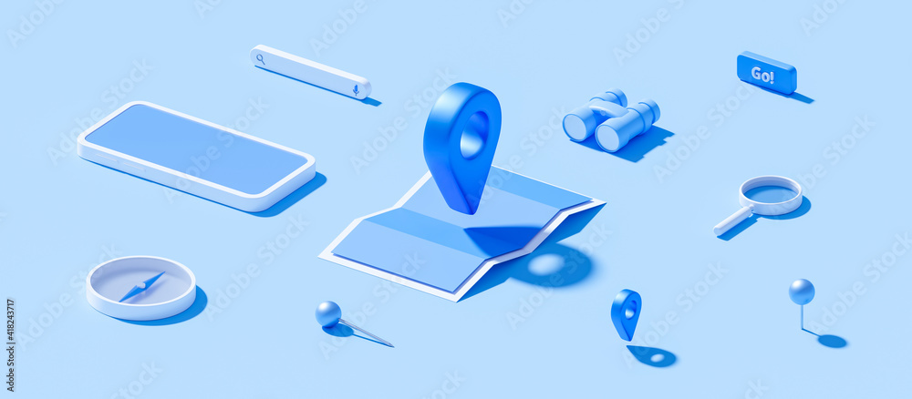 Poster isometric of map and location pin or navigation icon sign on blue background with search concept. 3d