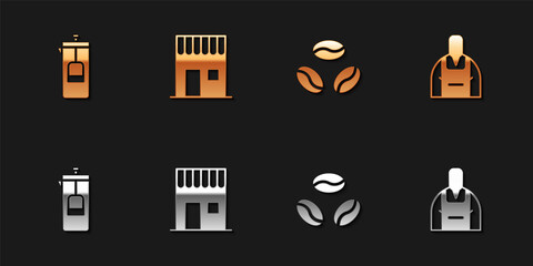 Set French press, Coffee shop, beans and Barista icon. Vector.