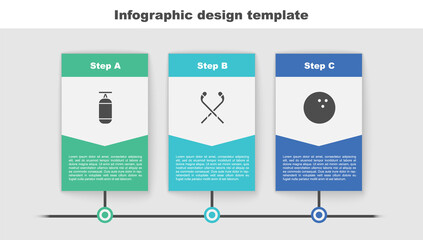 Set Punching bag, Ice hockey sticks and Bowling ball. Business infographic template. Vector.