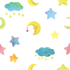 Handpainting watercolor illustration. Stars and moon seamless pattern.