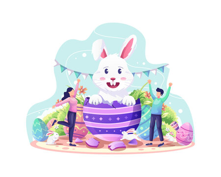 Happy Easter day celebration with a couple welcoming cute rabbit coming out egg easter vector illustration
