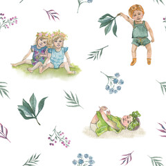 Handpainting watercolor illustration. Cute kids with vintage leaves.