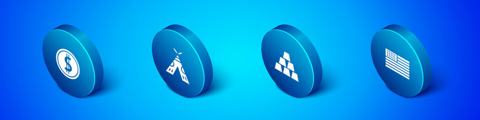 Set Isometric Coin money with dollar, Gold bars, American flag and Indian teepee or wigwam icon. Vector. © Kostiantyn