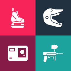 Set pop art Paintball gun, Action extreme camera, Motocross motorcycle helmet and Skates icon. Vector.