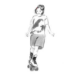 Skater female runs on roller skate, digital drawing, Isolated items on white background