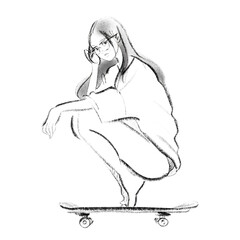 Skater female sits on skateboard, digital drawing, Isolated items on white background