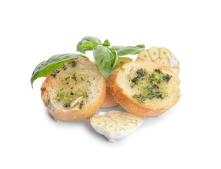 Toasted bread with garlic on white background