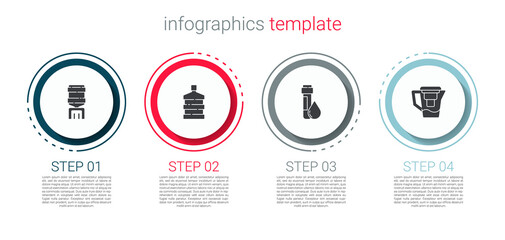 Set Water cooler, Big bottle with clean water, Test tube drop and jug filter. Business infographic template. Vector.