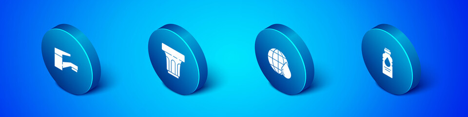 Set Isometric Water tap, Earth planet in water drop, Bottle of and Glass with icon. Vector.