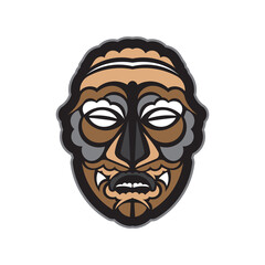 Colored totem in Maori or Samoan style. Tiki mask in Polynesian style. Good for t-shirts, phone cases, and tattoos. Isolated. Vector illustration
