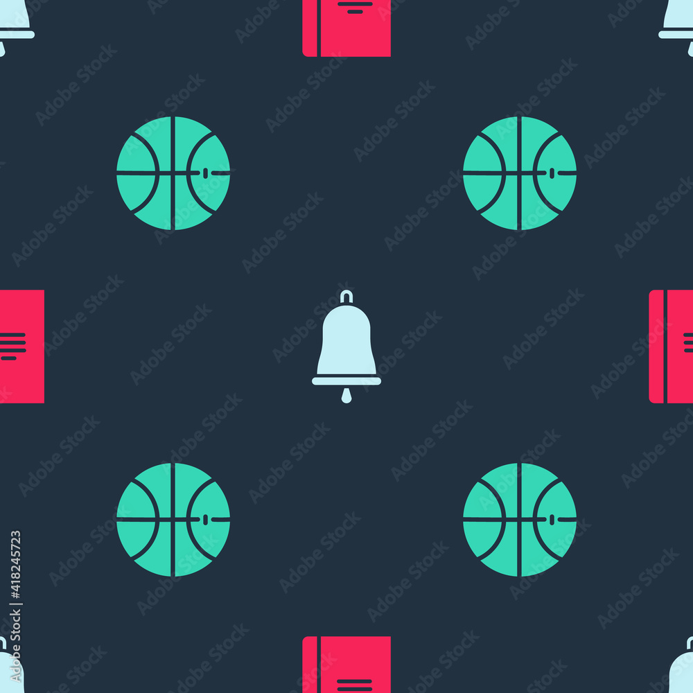 Poster Set Spiral notebook, Ringing bell and Basketball ball on seamless pattern. Vector.