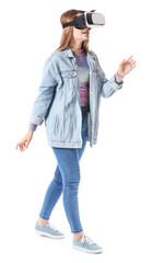 Fototapeta premium Young woman with virtual reality glasses on white background