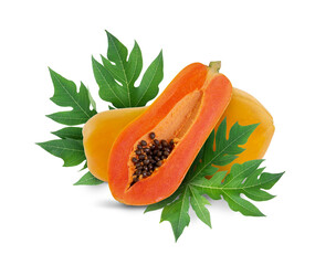 Isolated whole and half papaya on white background with green papaya leaf and clipping path