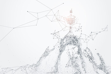 Abstract Polygonal of Trophy with Hands, Connecting Dots and Lines.