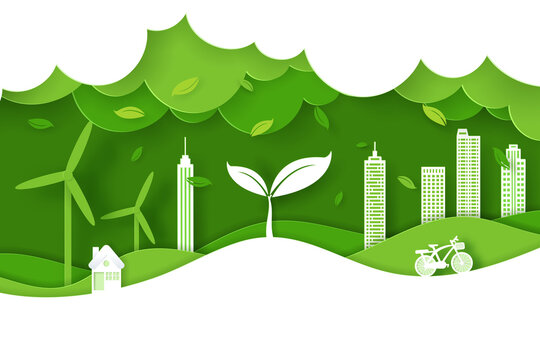 Vector and digital craft style of nature landscape, Green eco friendly city concept.
