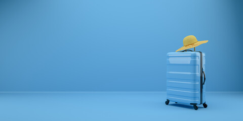 A blue traveling suitcase and a yellow hat in a blue room. 3D rendering illustration.