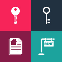 Set pop art Hanging sign with Rent, House contract, key and icon. Vector.