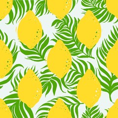 Lemon and dypsis palm seamless vector pattern. Seamless pattern with lemon on light background. Fruit background. Lemon and leaf palm vector seamless pattern.