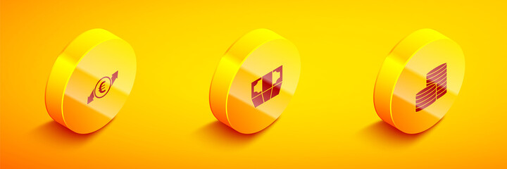 Set Isometric Financial growth and euro coin, Stacks paper money cash and Coin icon. Vector.