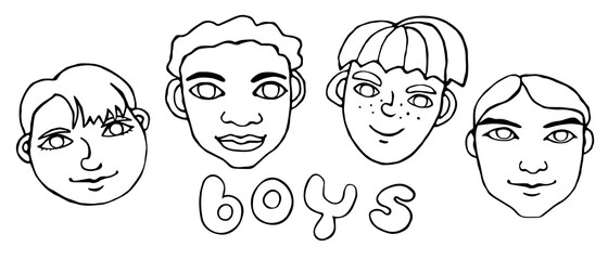 Vector outline face people. Hand drawn line art illustration. Heads of a men, boys in the style of a Doodle, isolated on a white background. Different and beautiful